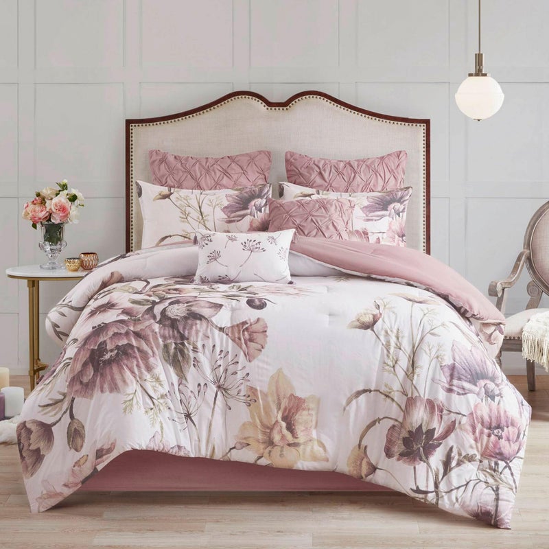 Madison Park Floral California King Comforter Set, Cotton Rich Bedding Set Feminine Design Shabby Chic Cal King Size Comforter Sets, All Season Bed Cover, Shams, Bed Skirt, DÃ©cor Pillow, Blush 8 Piece - Image 3
